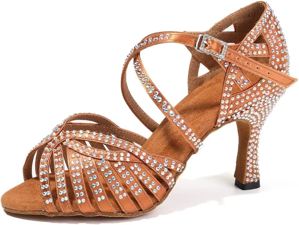 HROYL Women Rhinestone Ballroom Dance Shoes Latin Salsa Practice Performance Dance Shoes YCL380