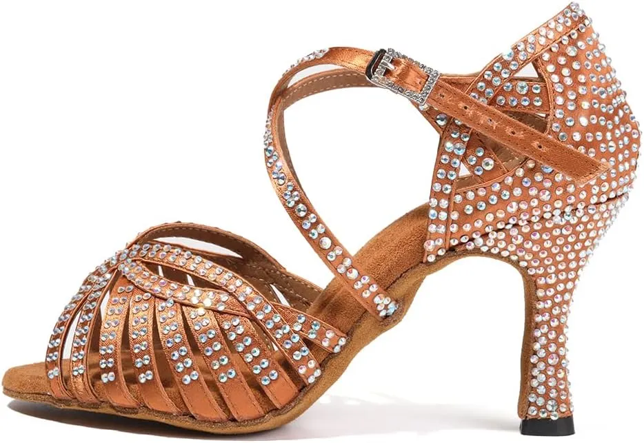 HROYL Women Rhinestone Ballroom Dance Shoes Latin Salsa Practice Performance Dance Shoes YCL380