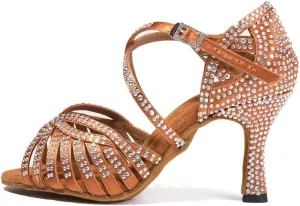 HROYL Women Rhinestone Ballroom Dance Shoes Latin Salsa Practice Performance Dance Shoes YCL380