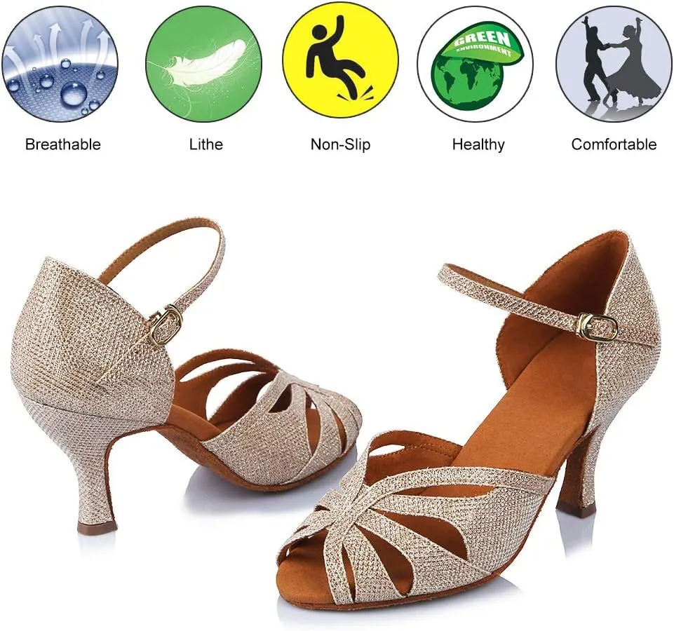 HROYL Women Rhinestone Latin Ballroom Dance Shoes Bachata Salsa Practice Performance Dance Shoes,YCL375