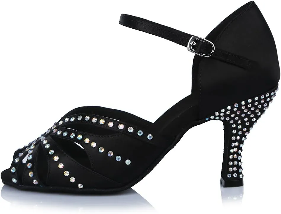 HROYL Women Rhinestone Latin Ballroom Dance Shoes Bachata Salsa Practice Performance Dance Shoes,YCL375