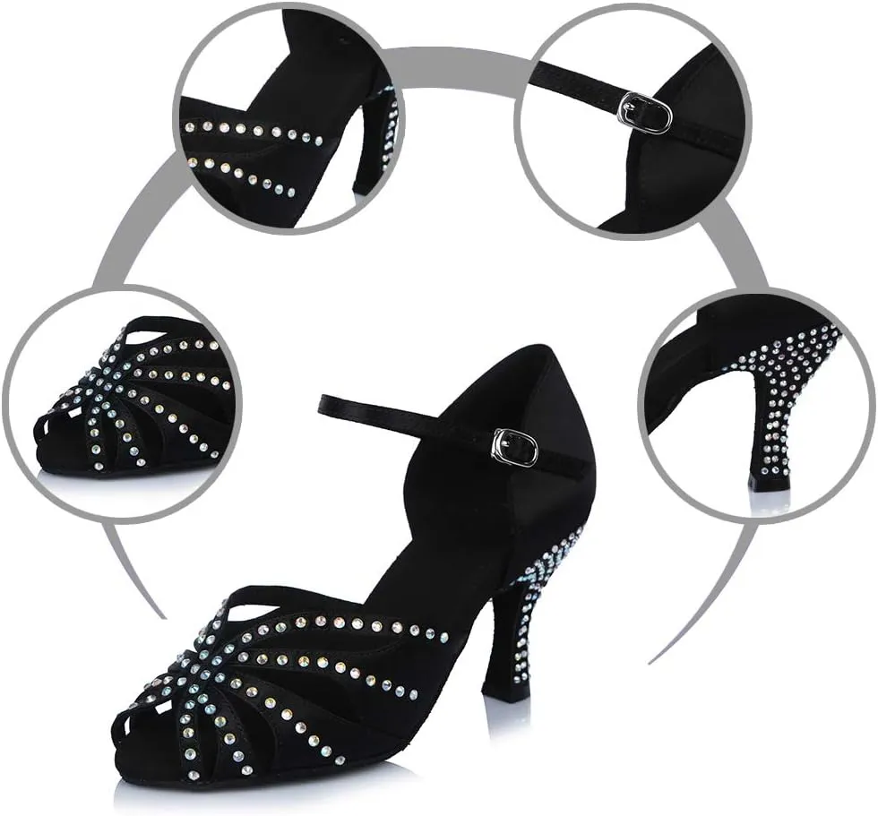 HROYL Women Rhinestone Latin Ballroom Dance Shoes Bachata Salsa Practice Performance Dance Shoes,YCL375