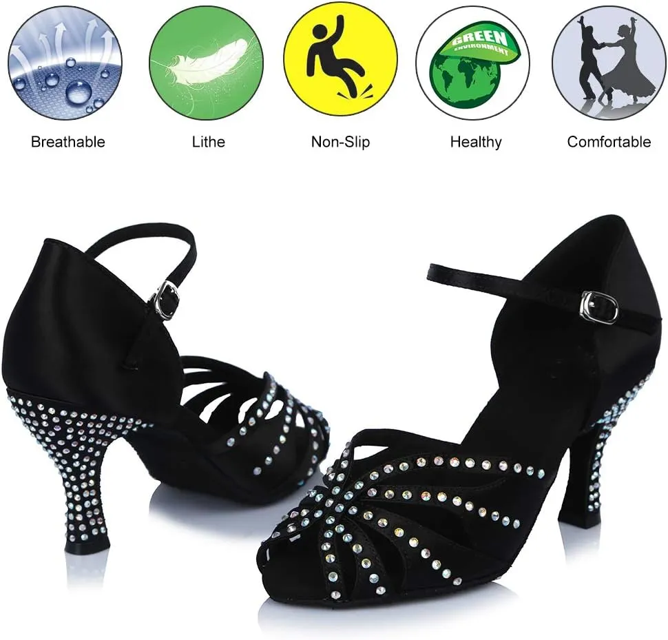 HROYL Women Rhinestone Latin Ballroom Dance Shoes Bachata Salsa Practice Performance Dance Shoes,YCL375