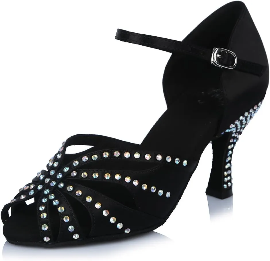 HROYL Women Rhinestone Latin Ballroom Dance Shoes Bachata Salsa Practice Performance Dance Shoes,YCL375