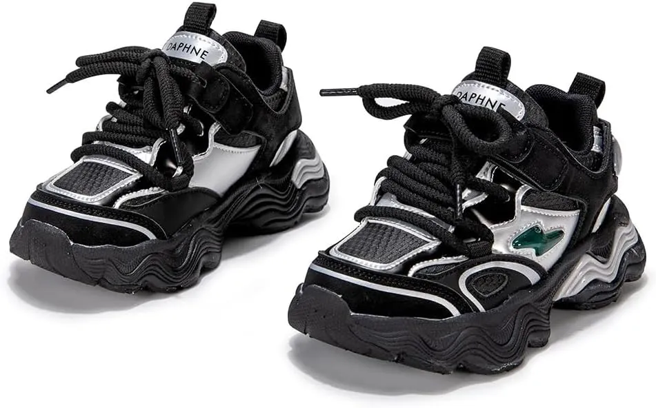 Kids Athletic Sneakers, Lightning Design, Chunky Wave Sole, Beige and White, EVA Cushioning