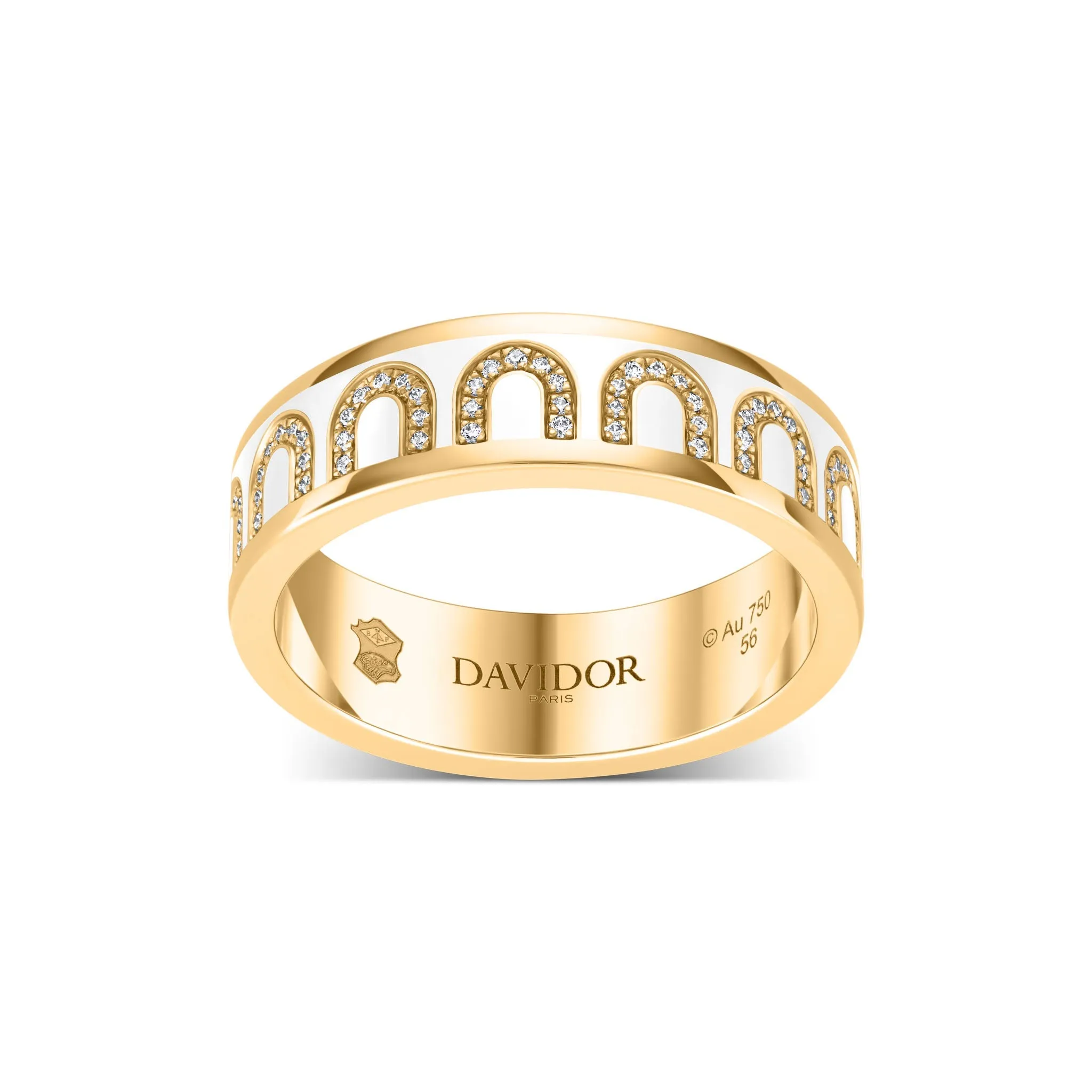 L'Arc de DAVIDOR Ring MM, 18k Yellow Gold with Neige Lacquered Ceramic and Arcade Diamonds