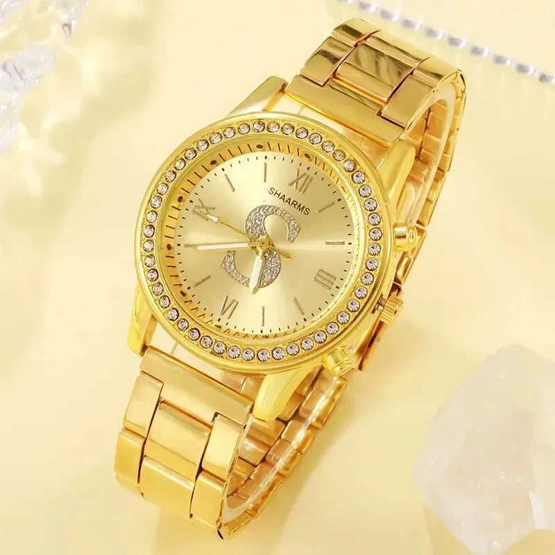 Luxury Gold Watch Womens S Letter Design Ring Necklace Earrings Set