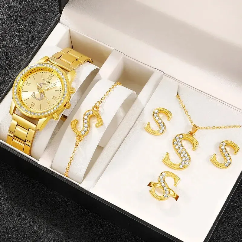 Luxury Gold Watch Womens S Letter Design Ring Necklace Earrings Set