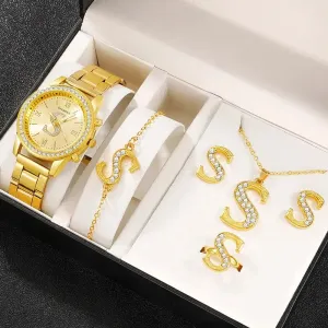 Luxury Gold Watch Womens S Letter Design Ring Necklace Earrings Set
