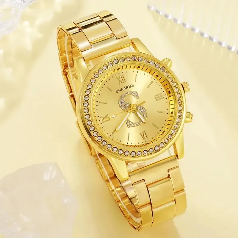 Luxury Gold Watch Womens S Letter Design Ring Necklace Earrings Set