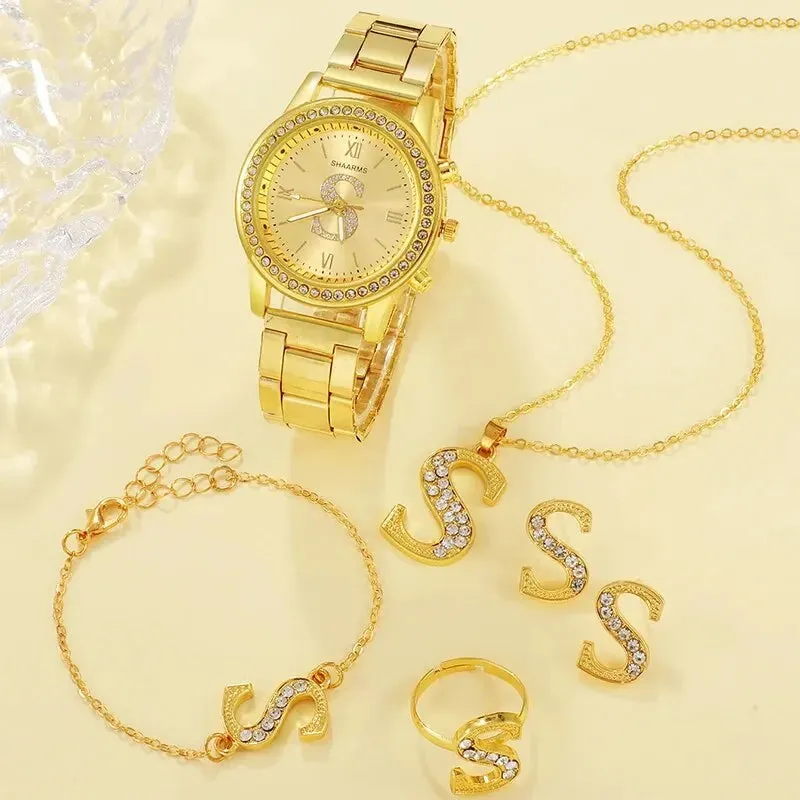 Luxury Gold Watch Womens S Letter Design Ring Necklace Earrings Set