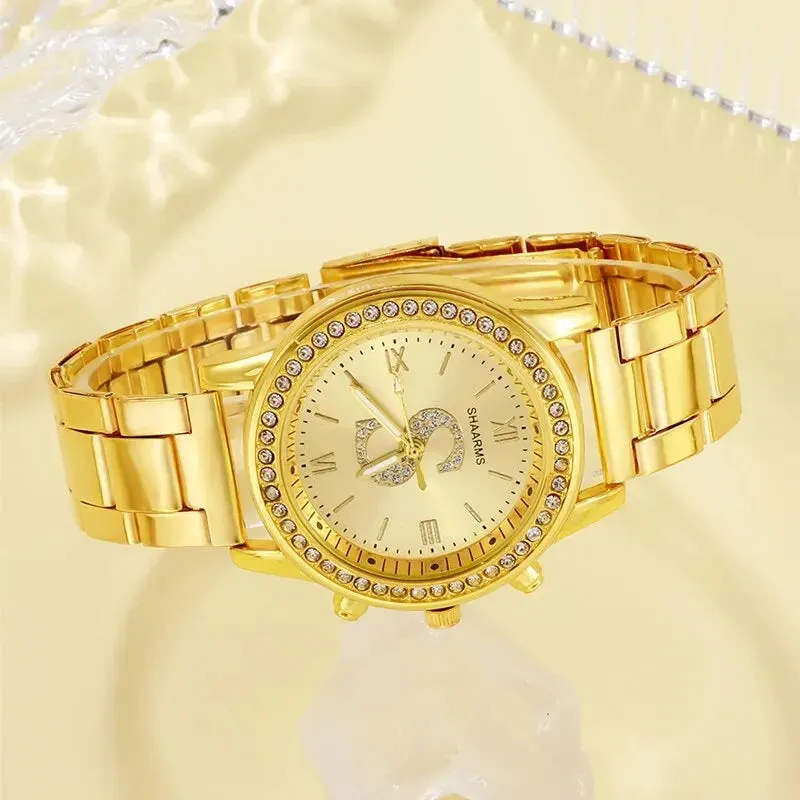 Luxury Gold Watch Womens S Letter Design Ring Necklace Earrings Set
