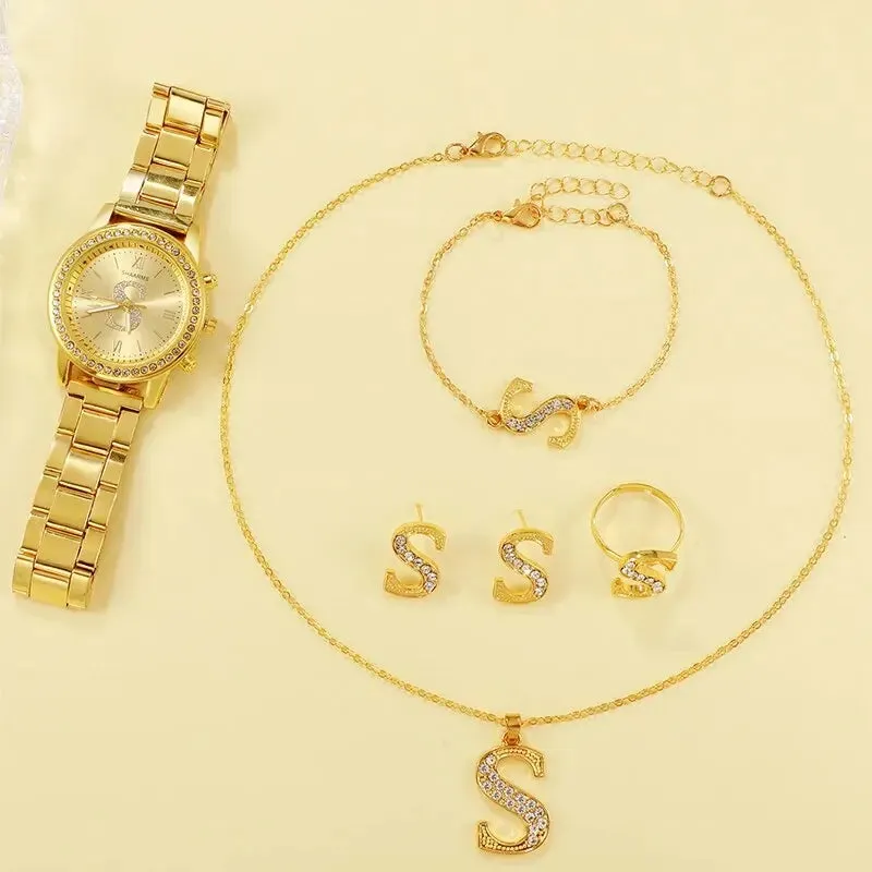 Luxury Gold Watch Womens S Letter Design Ring Necklace Earrings Set