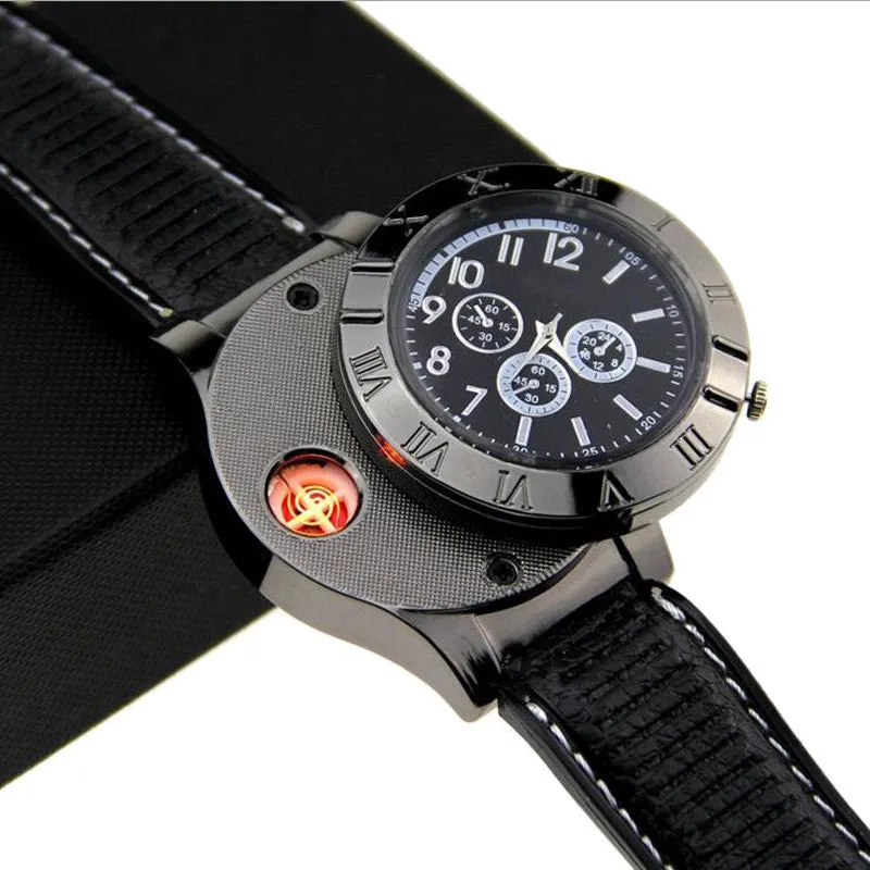 Military USB Lighter Watch Men's Casual Quartz Wristwatches with Windproof Flameless Cigarette Cigar Lighter