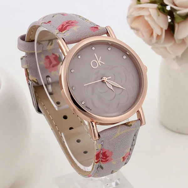 New Fashion Multicolor flower leather Band Quartz wristwatch Women Dress Watch Ladies Rhinestone watch Luminous hands