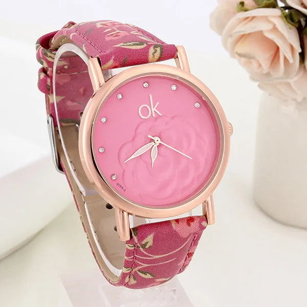 New Fashion Multicolor flower leather Band Quartz wristwatch Women Dress Watch Ladies Rhinestone watch Luminous hands