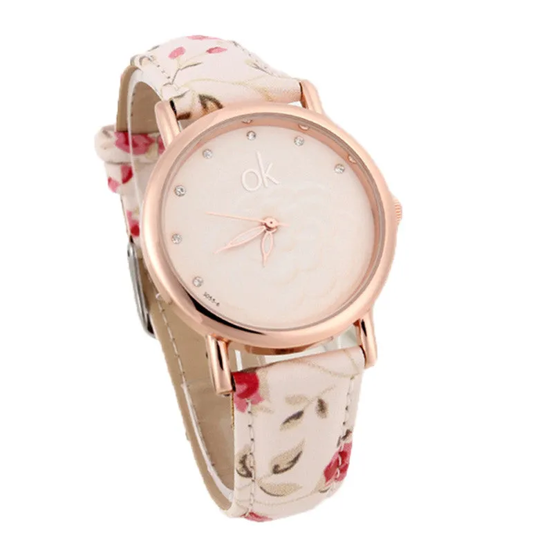 New Fashion Multicolor flower leather Band Quartz wristwatch Women Dress Watch Ladies Rhinestone watch Luminous hands