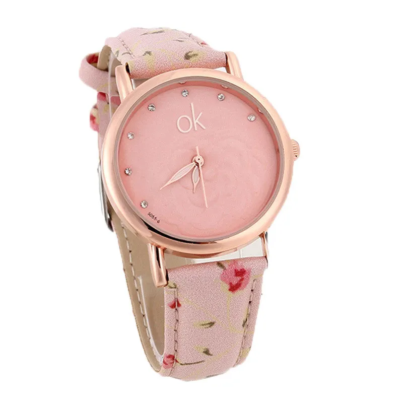 New Fashion Multicolor flower leather Band Quartz wristwatch Women Dress Watch Ladies Rhinestone watch Luminous hands