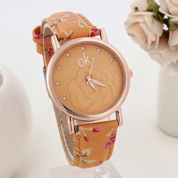 New Fashion Multicolor flower leather Band Quartz wristwatch Women Dress Watch Ladies Rhinestone watch Luminous hands