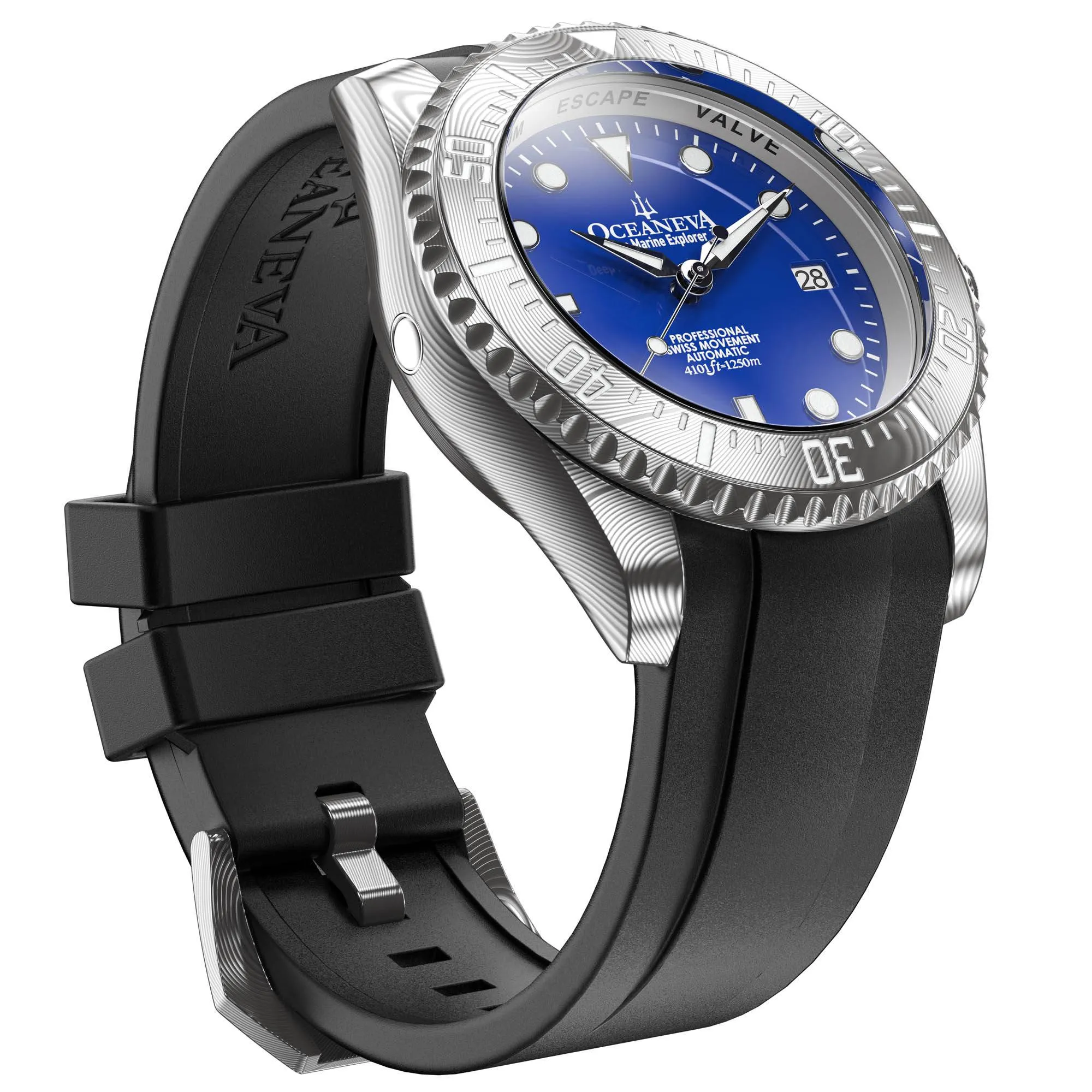 Oceaneva Mens Deep Marine Explorer II Damascus Steel Watch Blue Dial