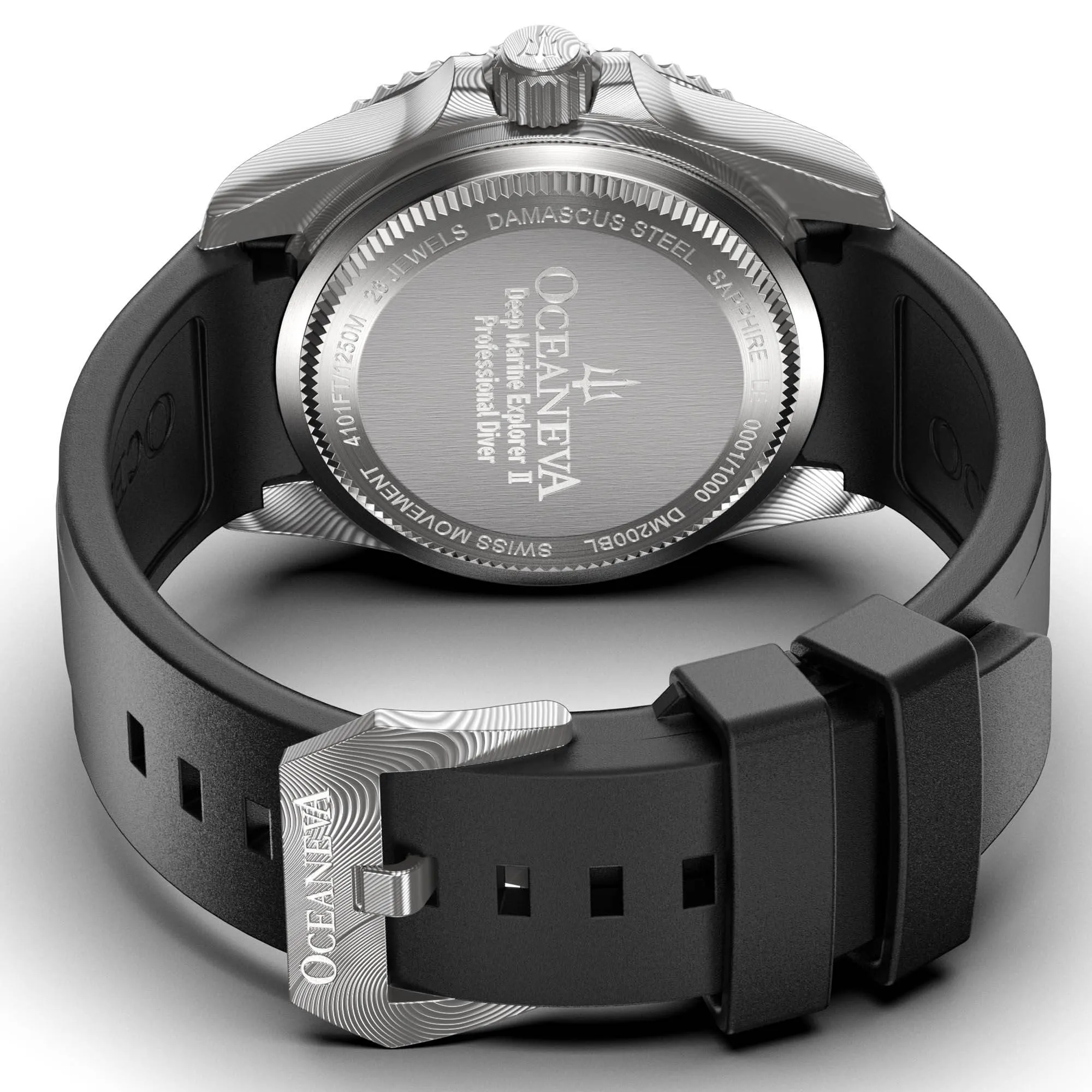 Oceaneva Mens Deep Marine Explorer II Damascus Steel Watch Blue Dial