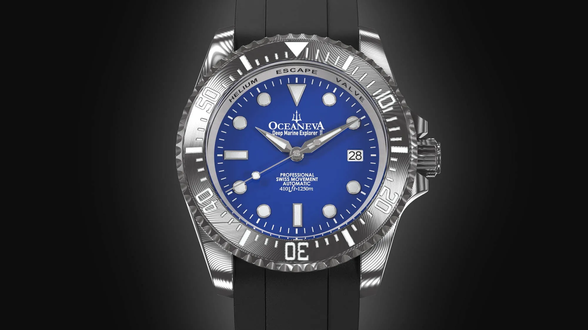 Oceaneva Mens Deep Marine Explorer II Damascus Steel Watch Blue Dial