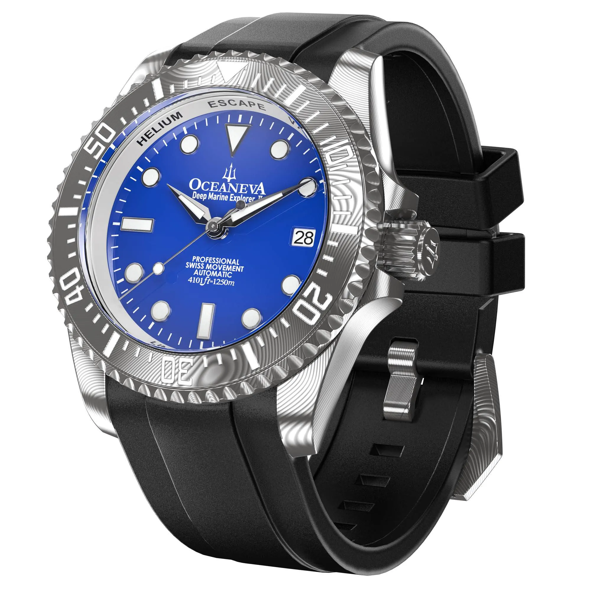 Oceaneva Mens Deep Marine Explorer II Damascus Steel Watch Blue Dial