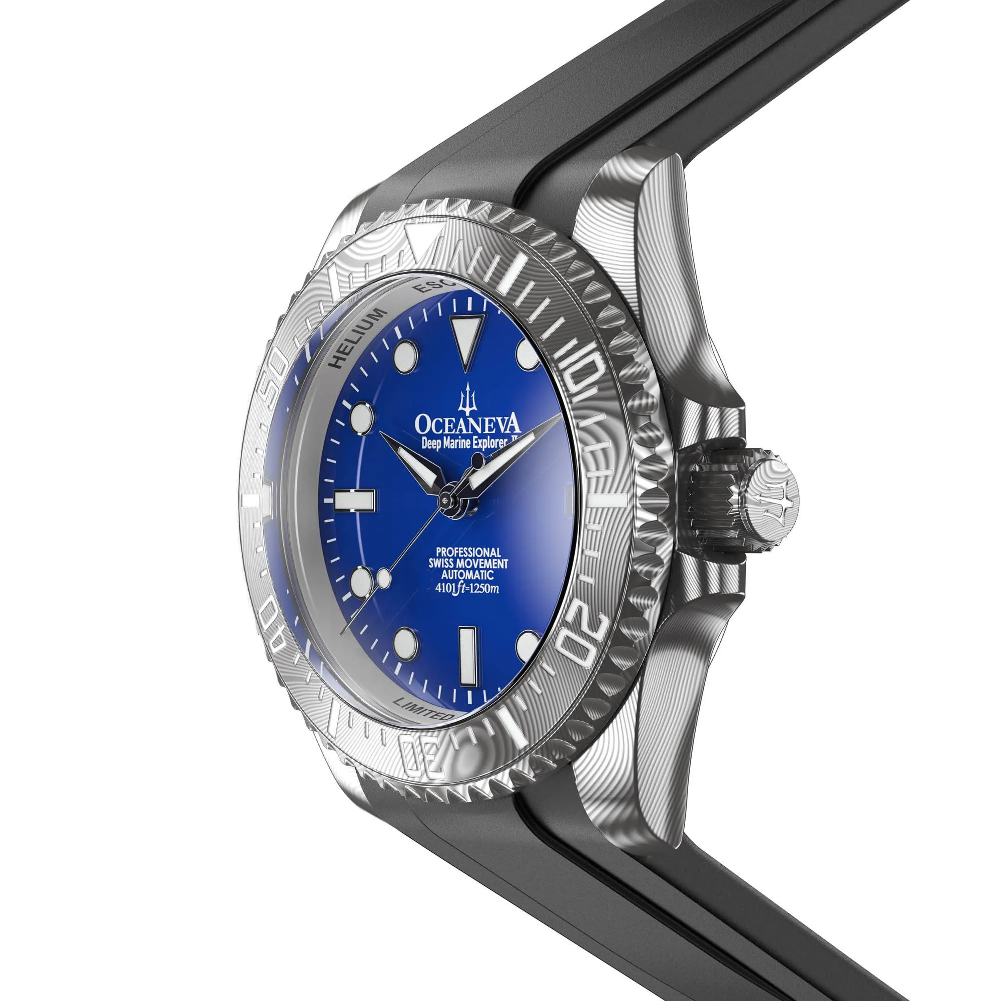 Oceaneva Mens Deep Marine Explorer II Damascus Steel Watch Blue Dial
