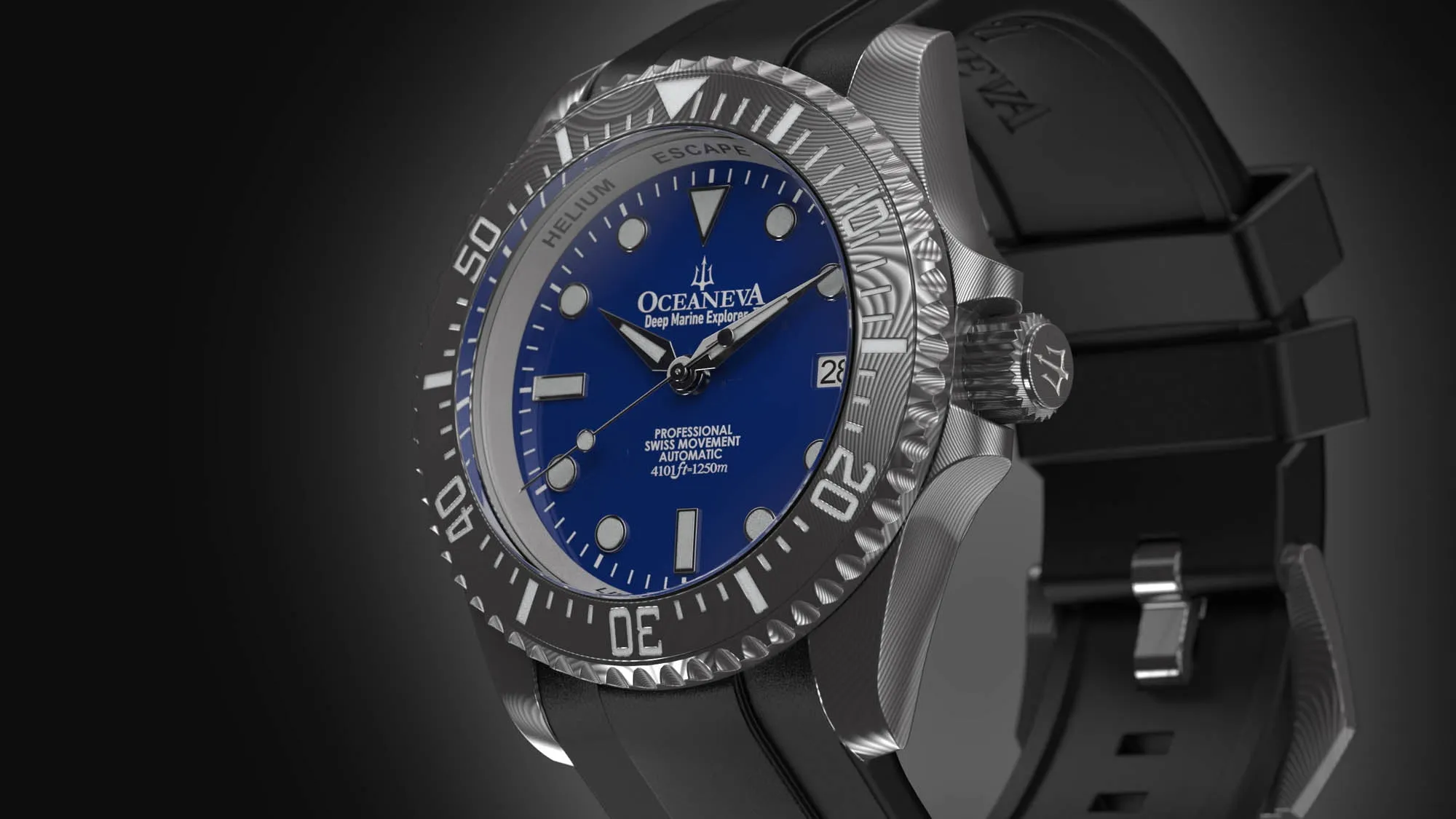 Oceaneva Mens Deep Marine Explorer II Damascus Steel Watch Blue Dial