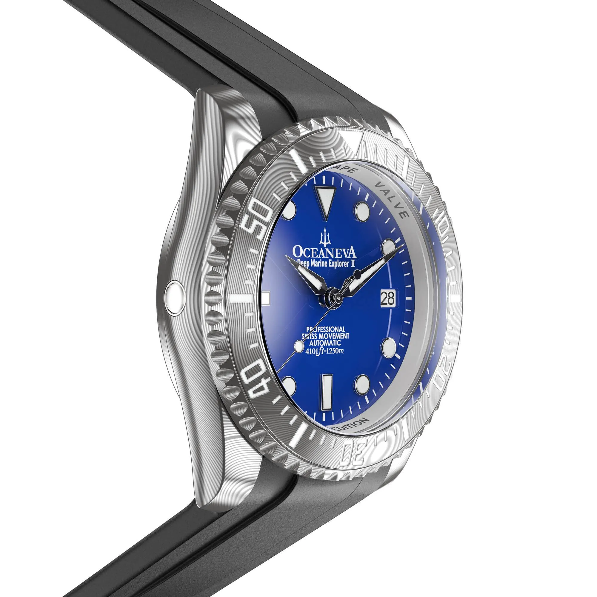 Oceaneva Mens Deep Marine Explorer II Damascus Steel Watch Blue Dial