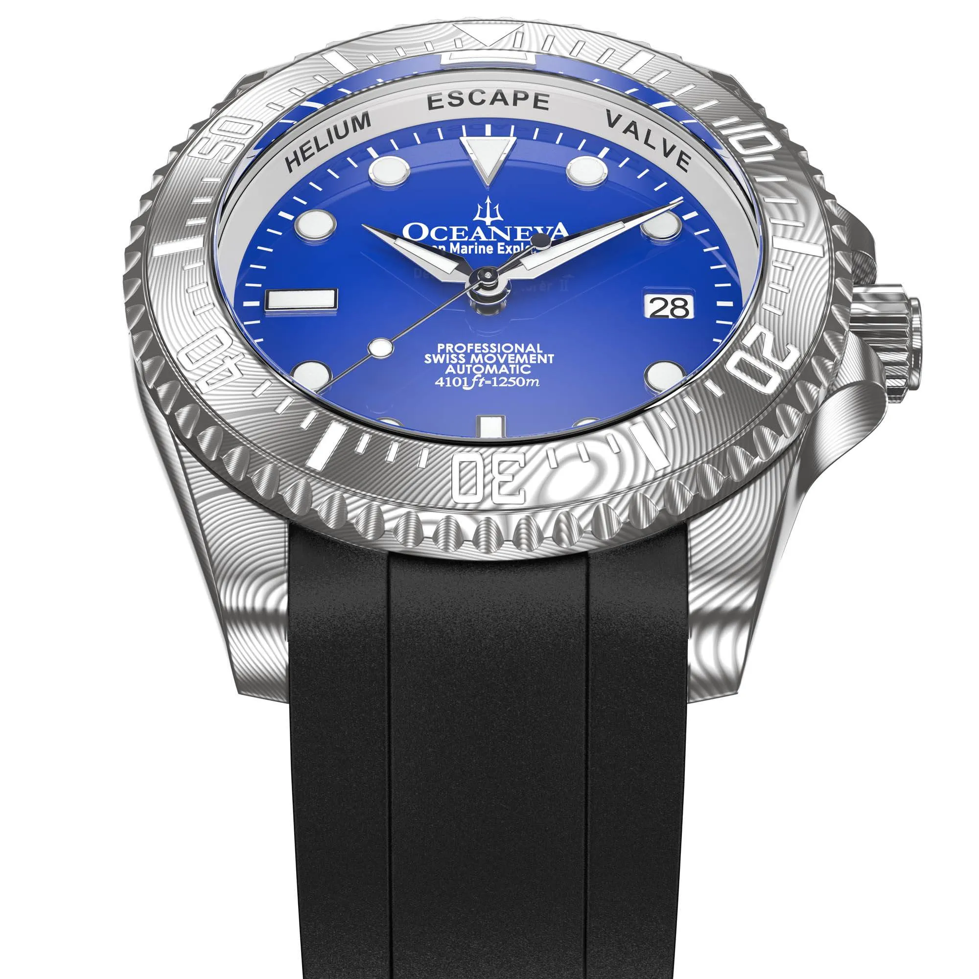 Oceaneva Mens Deep Marine Explorer II Damascus Steel Watch Blue Dial