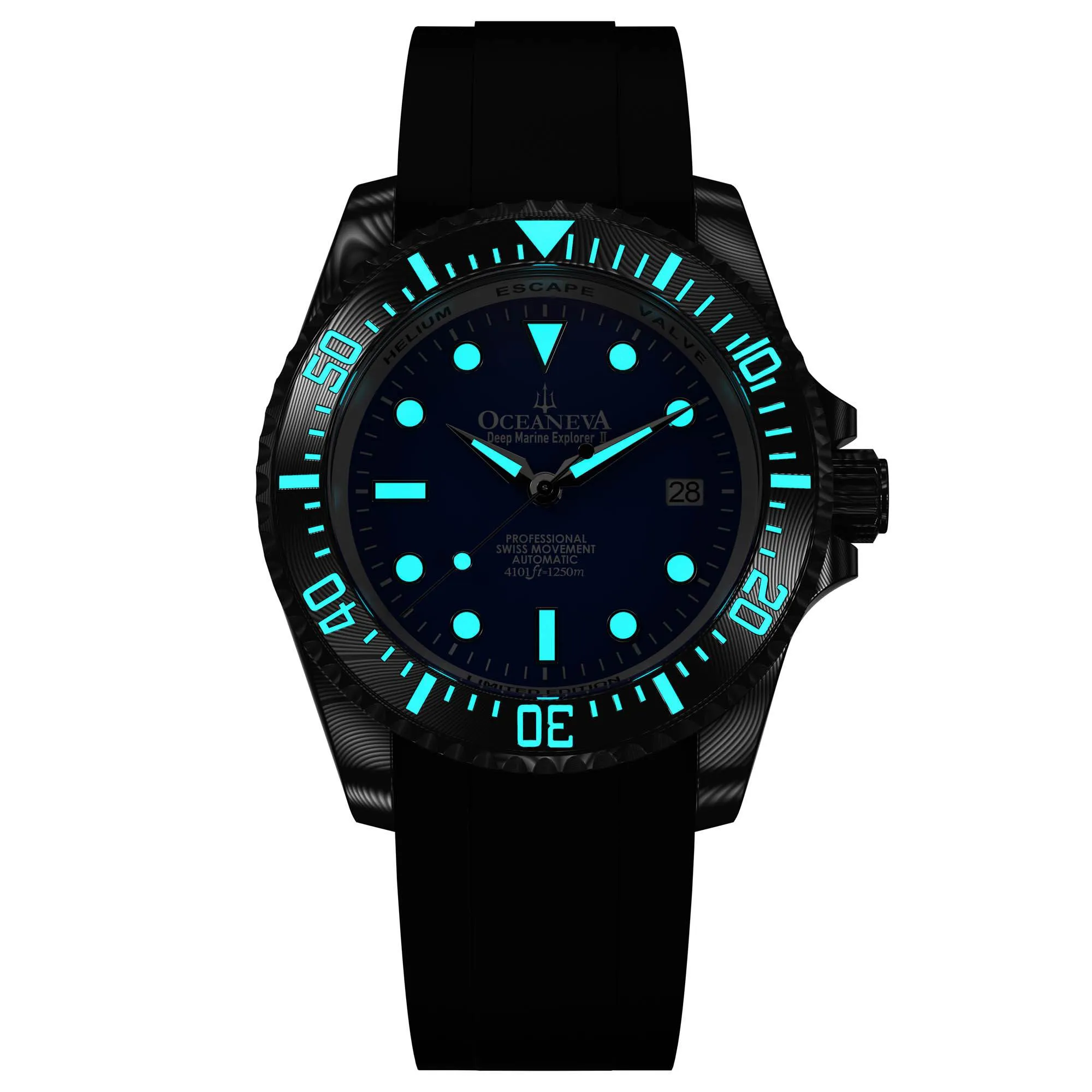 Oceaneva Mens Deep Marine Explorer II Damascus Steel Watch Blue Dial