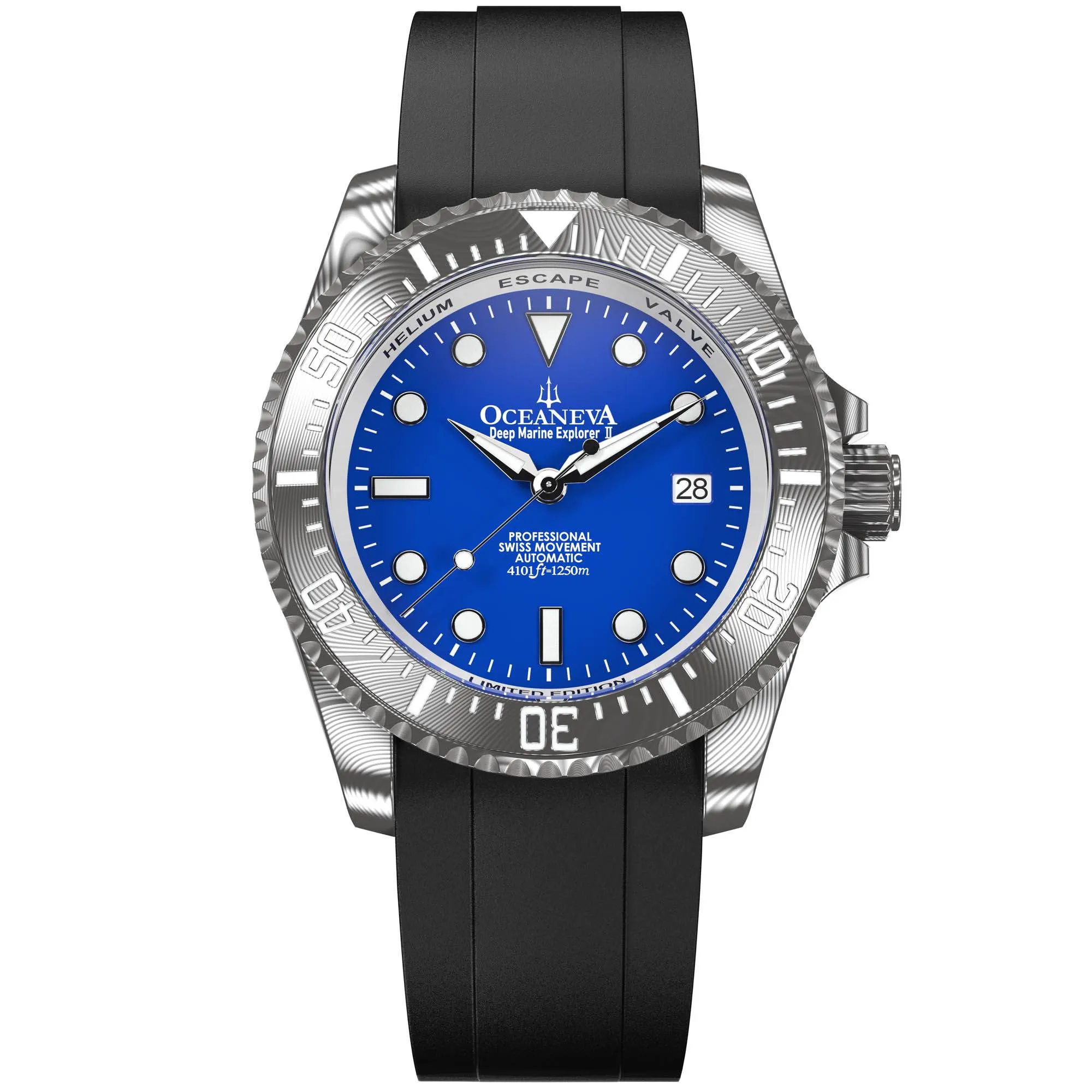 Oceaneva Mens Deep Marine Explorer II Damascus Steel Watch Blue Dial