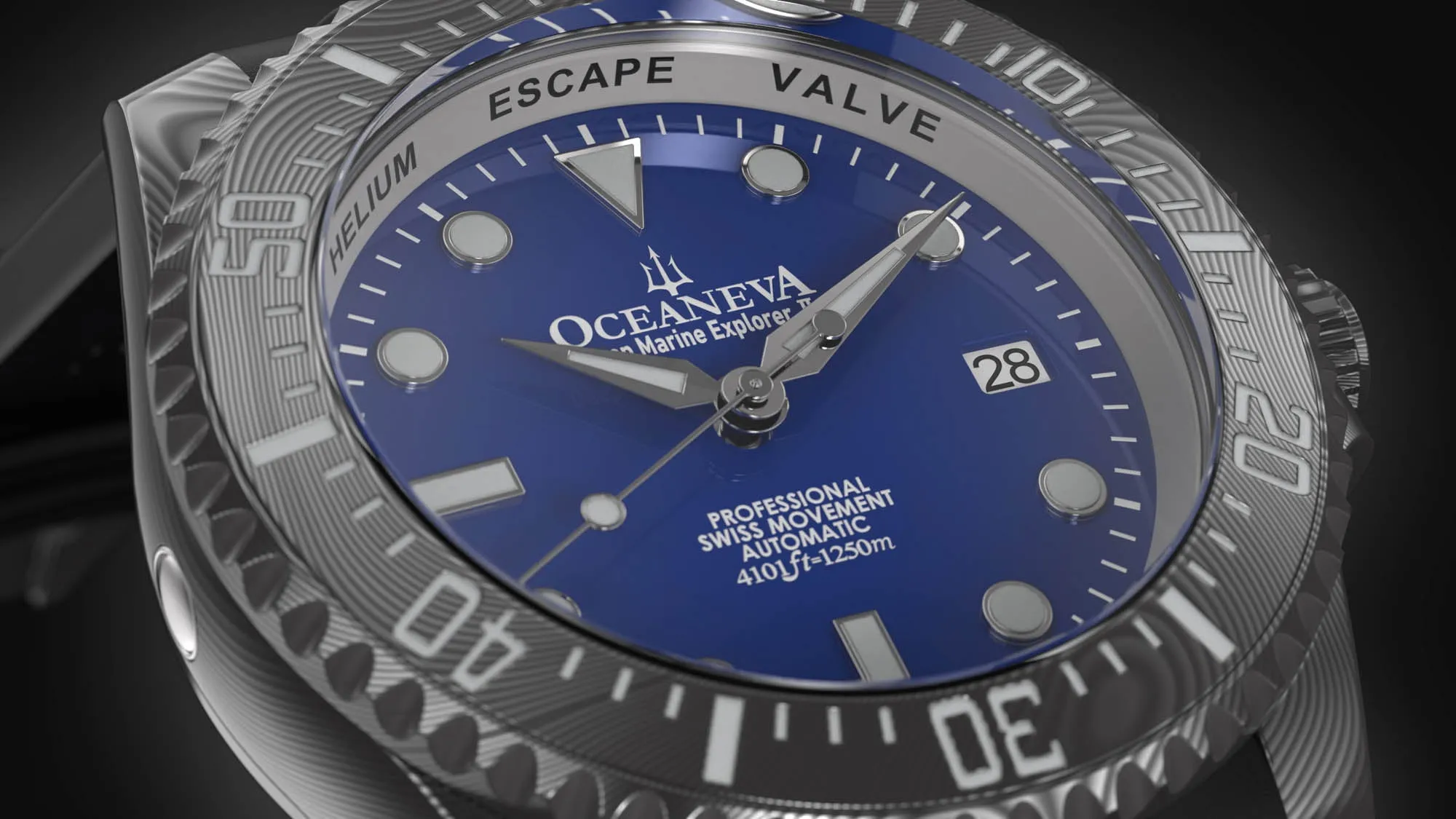 Oceaneva Mens Deep Marine Explorer II Damascus Steel Watch Blue Dial