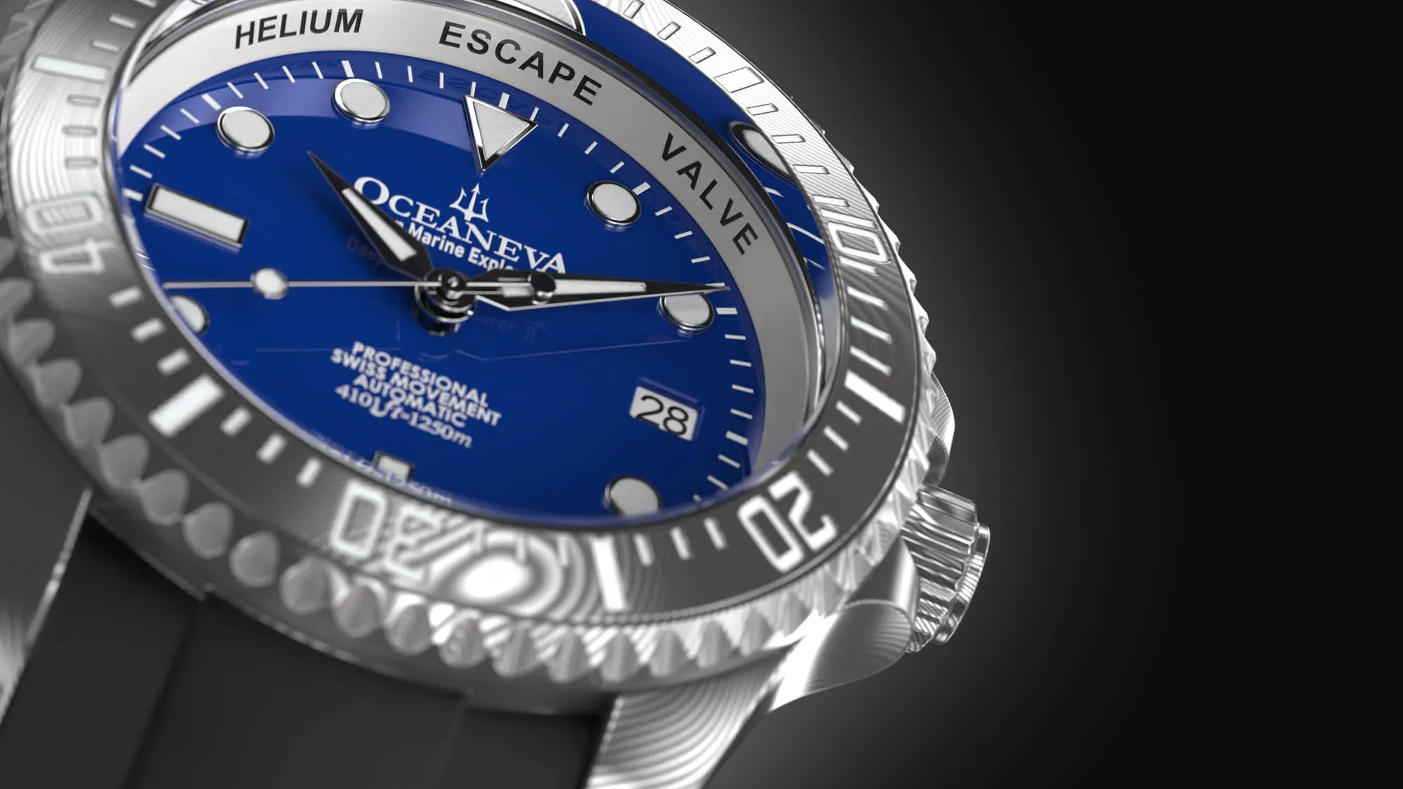 Oceaneva Mens Deep Marine Explorer II Damascus Steel Watch Blue Dial