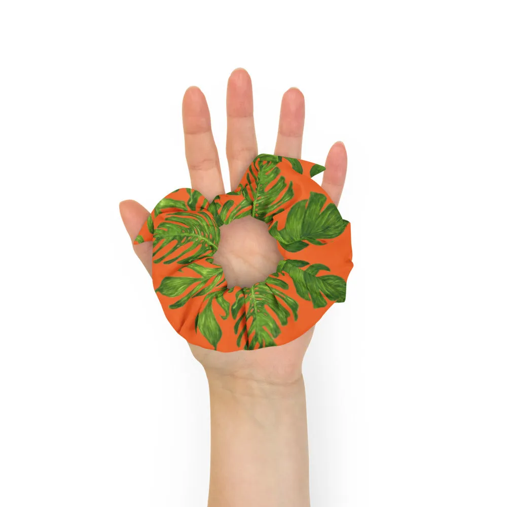 Orange Tropical Leaf Scrunchie, Hawaiian Style Tropical Leaves Print Hair Tie Accessories - Made in  USA/EU