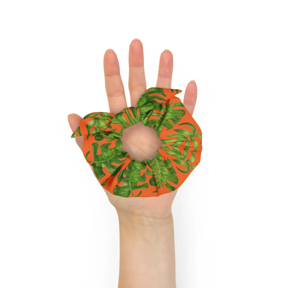 Orange Tropical Leaf Scrunchie, Hawaiian Style Tropical Leaves Print Hair Tie Accessories - Made in  USA/EU