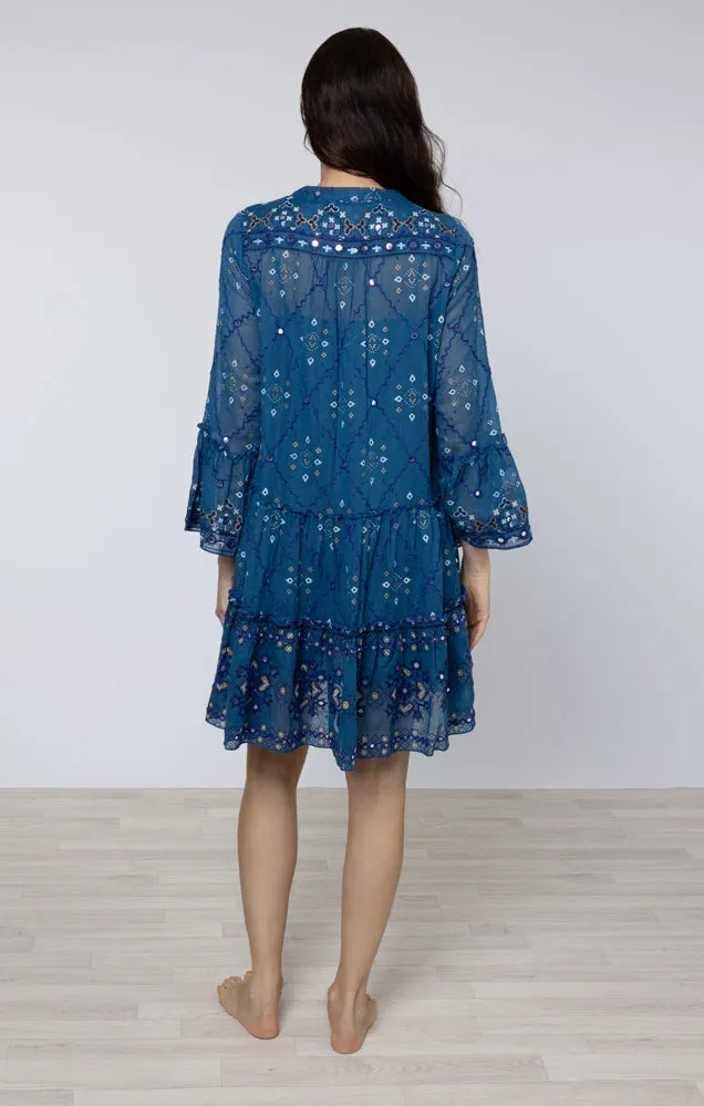 Peacock Mosaic Print Flared Sleeve Dress