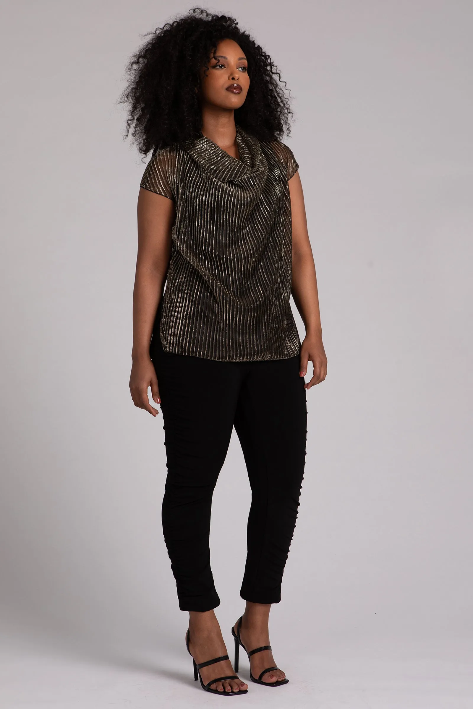 Pleated Mesh Draped Cowl Top | Black/Gold
