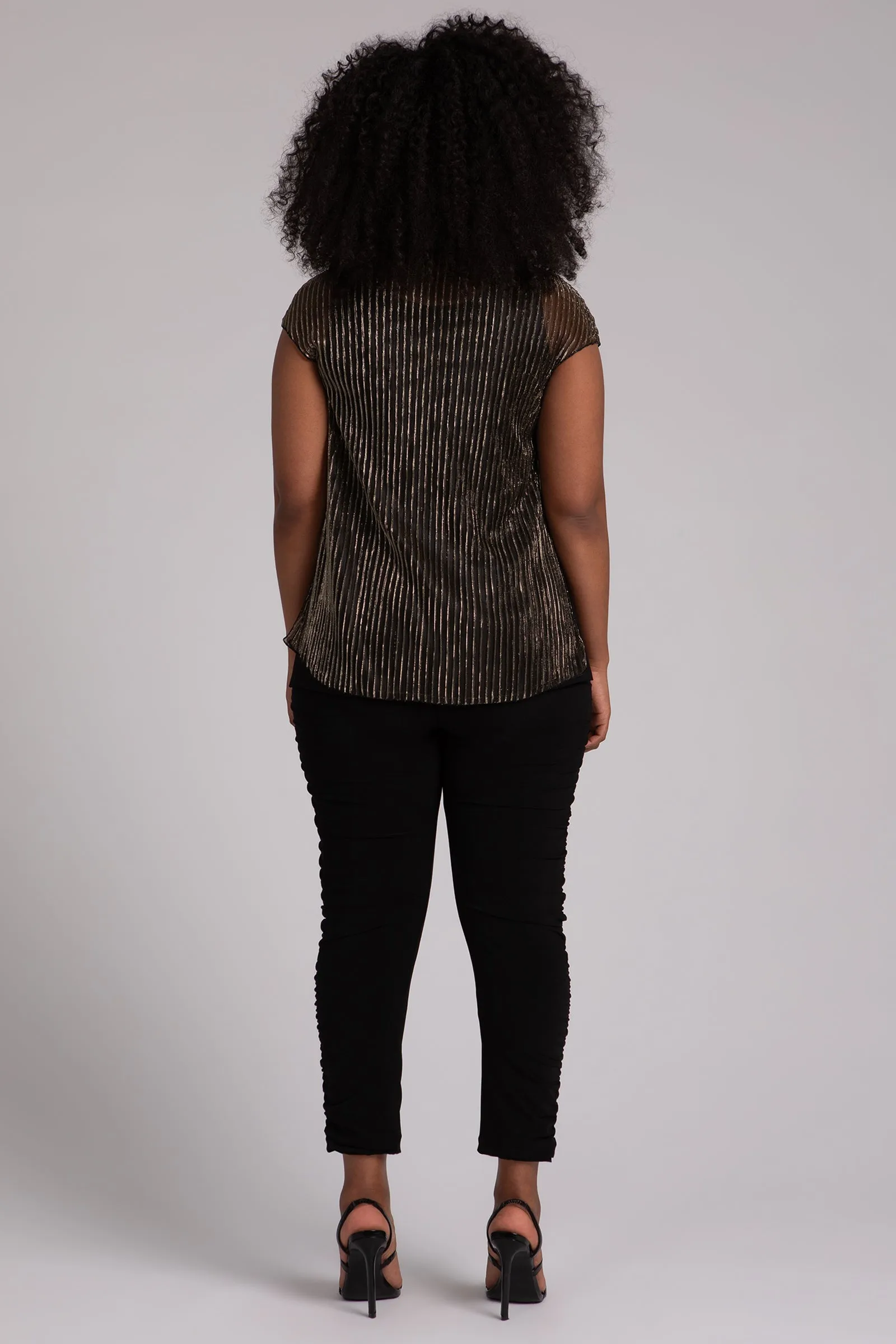 Pleated Mesh Draped Cowl Top | Black/Gold