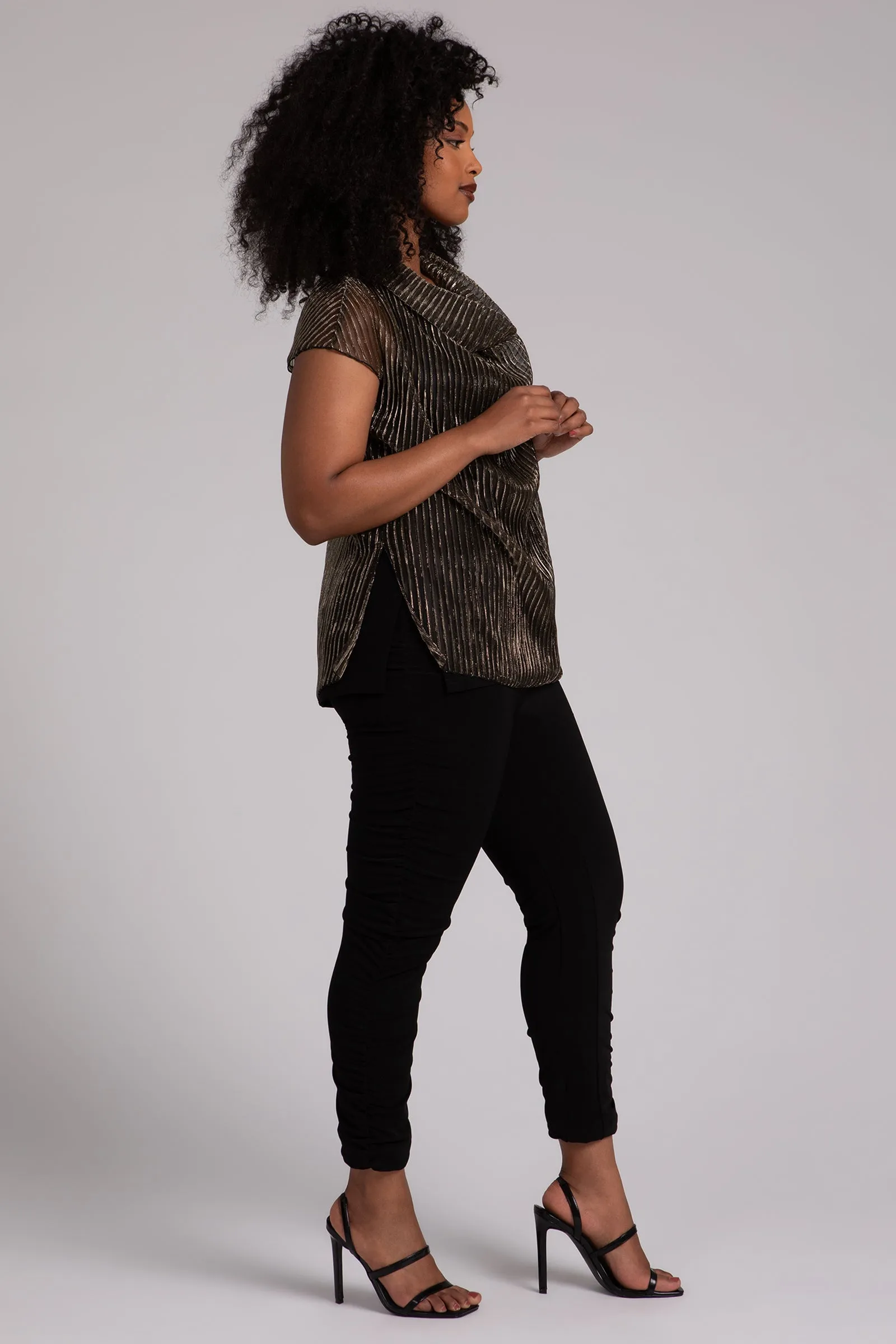 Pleated Mesh Draped Cowl Top | Black/Gold