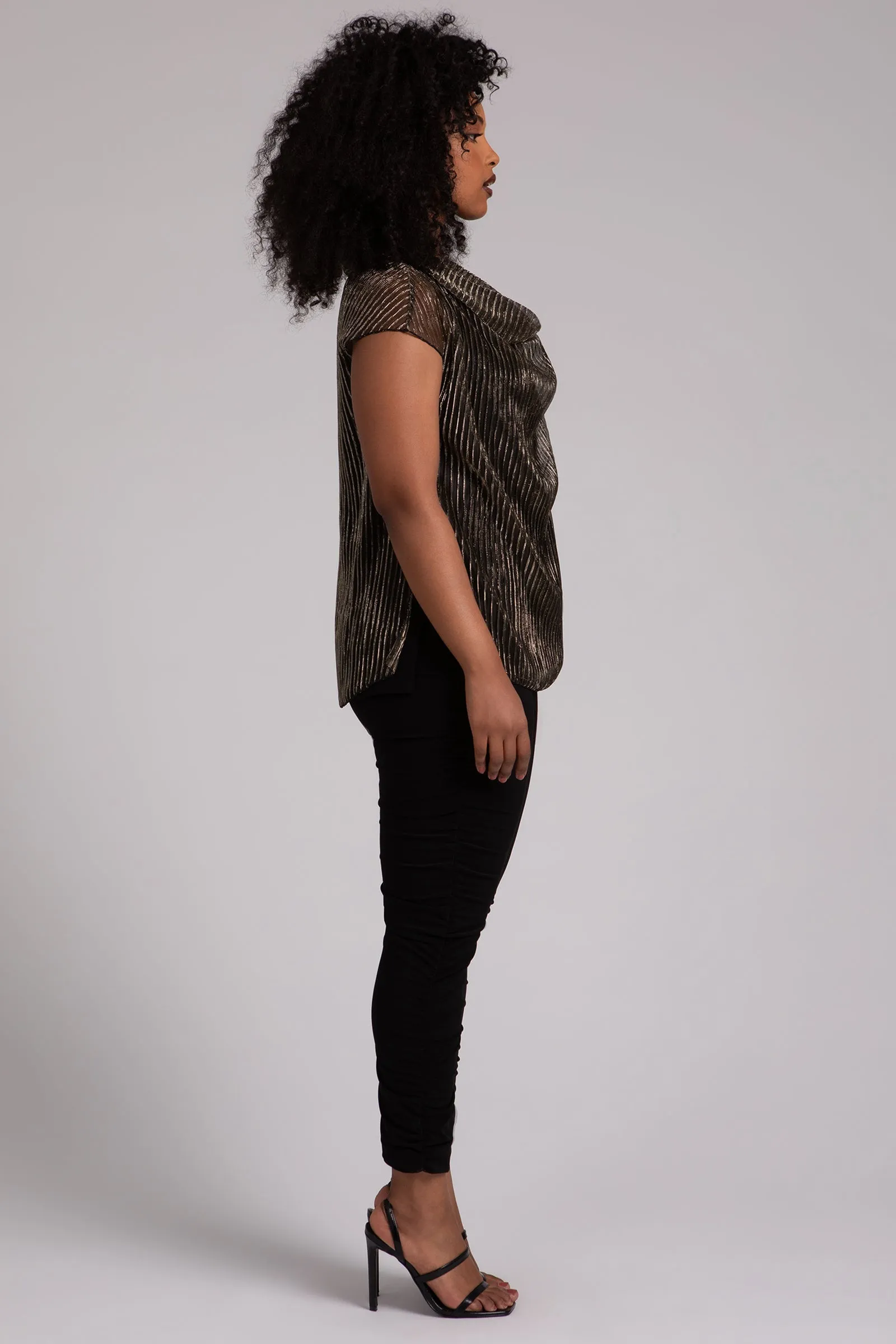 Pleated Mesh Draped Cowl Top | Black/Gold