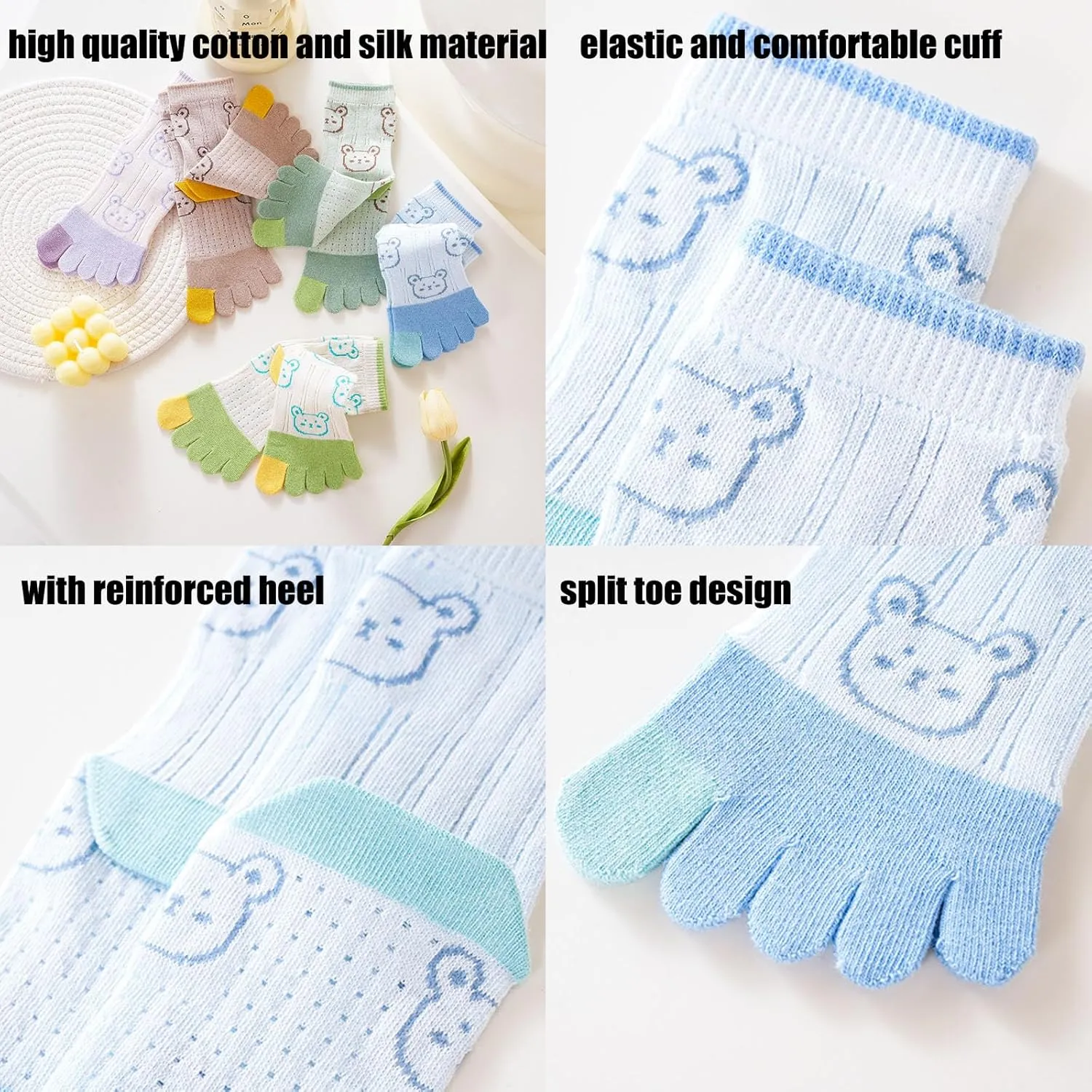 Pursuestar 2 Pairs Thin Cotton Five Finger Toe Socks Cartoon Bear Seperated Dress Socks for Kids Girls Boys 3-12 Years