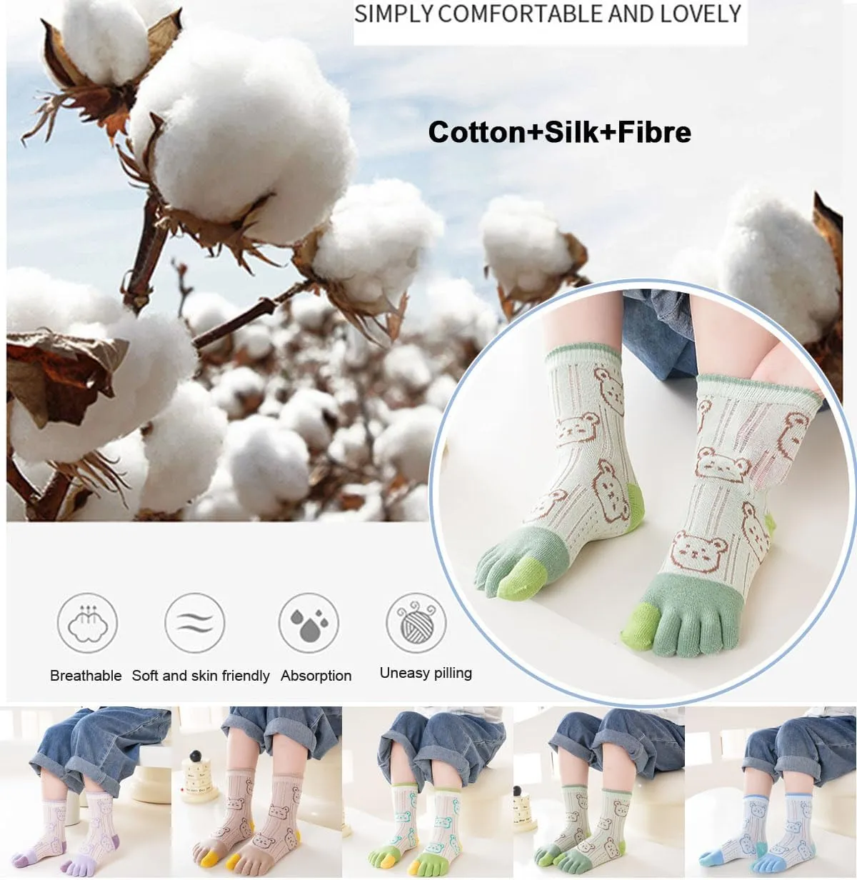 Pursuestar 2 Pairs Thin Cotton Five Finger Toe Socks Cartoon Bear Seperated Dress Socks for Kids Girls Boys 3-12 Years