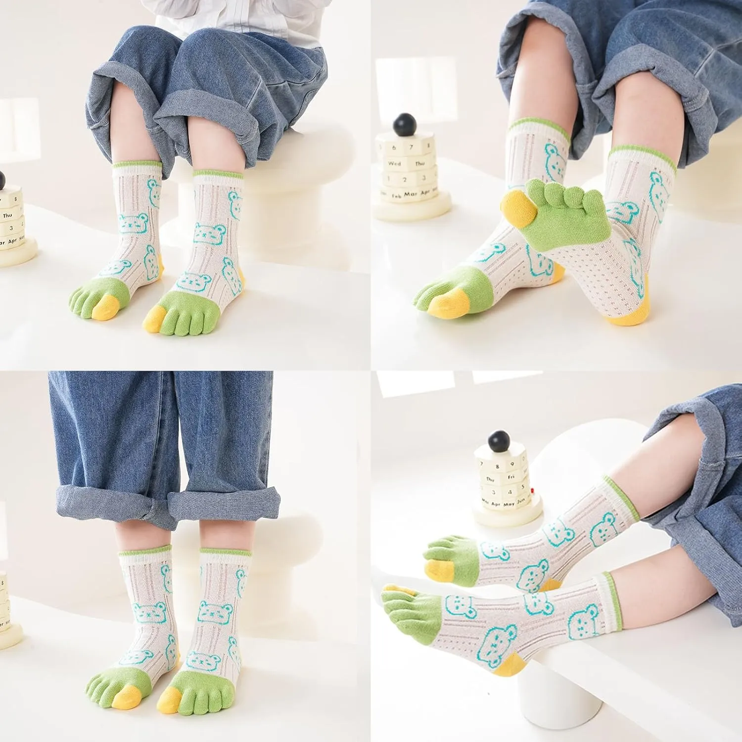 Pursuestar 2 Pairs Thin Cotton Five Finger Toe Socks Cartoon Bear Seperated Dress Socks for Kids Girls Boys 3-12 Years