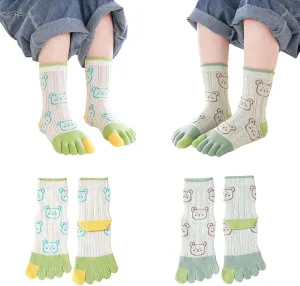 Pursuestar 2 Pairs Thin Cotton Five Finger Toe Socks Cartoon Bear Seperated Dress Socks for Kids Girls Boys 3-12 Years