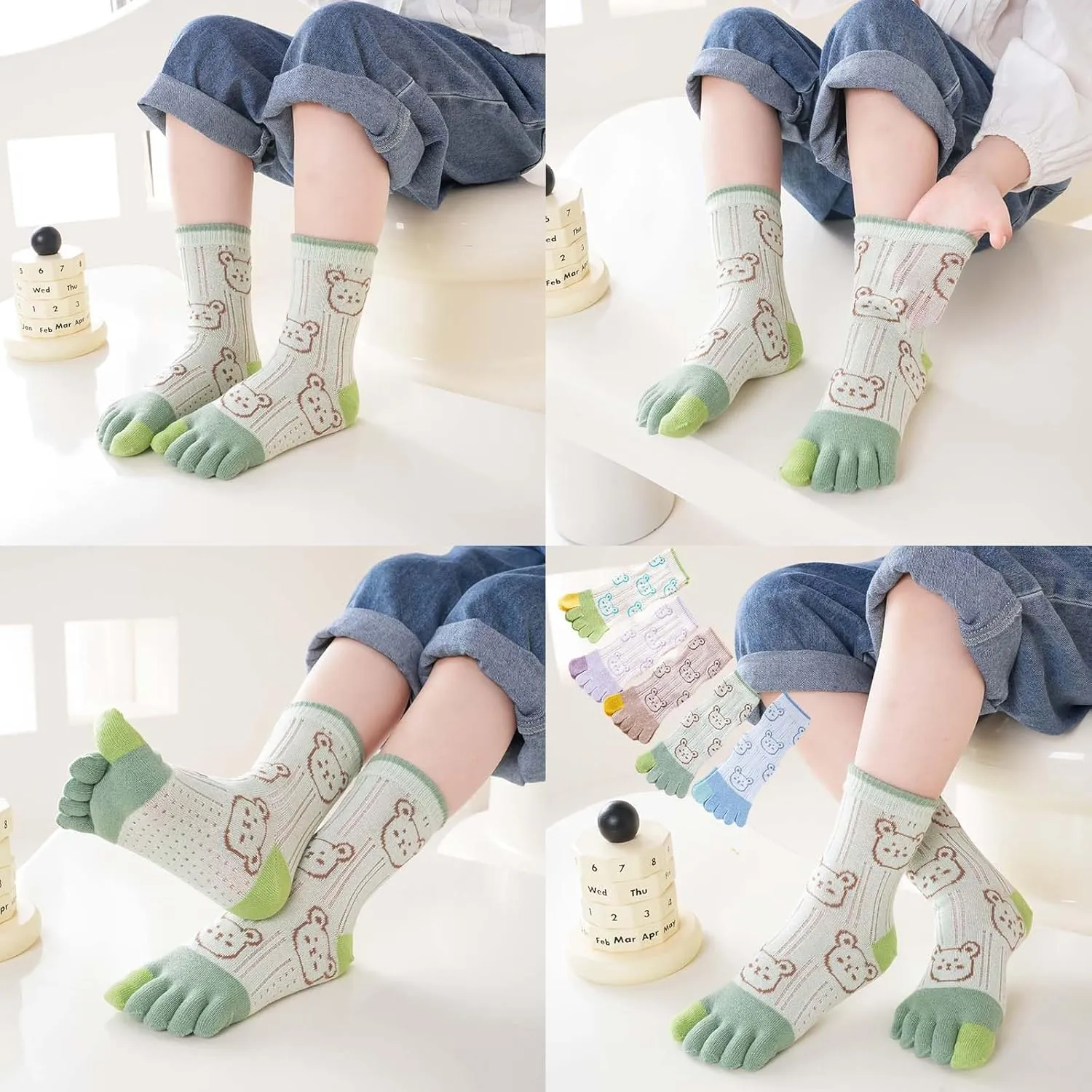 Pursuestar 2 Pairs Thin Cotton Five Finger Toe Socks Cartoon Bear Seperated Dress Socks for Kids Girls Boys 3-12 Years