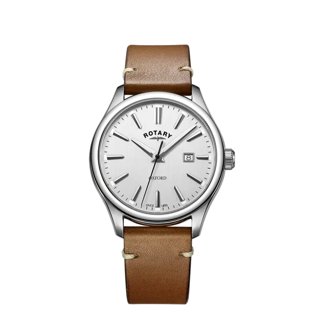 Rotary Gents Stainless Steel 'Oxford' Brown Strap Watch