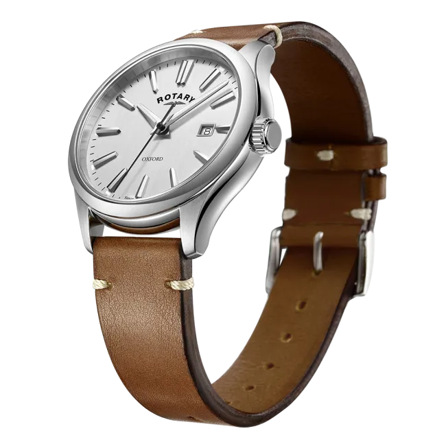 Rotary Gents Stainless Steel 'Oxford' Brown Strap Watch