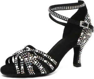 SWDZM Latin Dance Shoes for Women Rhinestone Ballroom Comfortable Salsa Practice Dancing Shoes